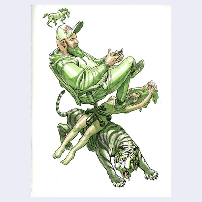Ink sketch of a person in green sitting in an office chair, floating atop a splayed out naked woman, above a tiger.