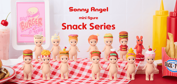 Sonny Angel mini figure snack series featuring 12 figures and 2 special designs on a checkered tablecloth with condiments in the background.