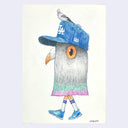 Illustration of a giant pigeon head with short human legs, it wearing a Dodger hat and has a tiny pigeon sitting on its head.