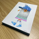 Illustration of a giant pigeon head with short human legs, it wearing a Dodger hat and has a tiny pigeon sitting on its head.
