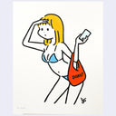 Illustration of a cartoon style girl with mid-length yellow hair. She wears a blue bikini and holds a red bag in the crook of her arm that says "doko?" and she looks out with a hand over her forehead.