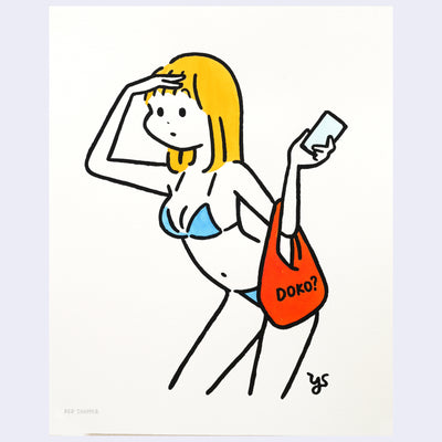 Illustration of a cartoon style girl with mid-length yellow hair. She wears a blue bikini and holds a red bag in the crook of her arm that says "doko?" and she looks out with a hand over her forehead.