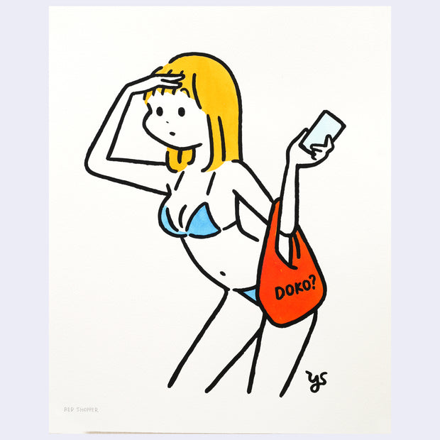 Illustration of a cartoon style girl with mid-length yellow hair. She wears a blue bikini and holds a red bag in the crook of her arm that says "doko?" and she looks out with a hand over her forehead.