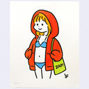 Illustration of a cartoon style character wearing a blue bathing suit and a baggy red hoodie. She wears a green tote that says "zap" on it.