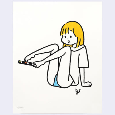 Illustration of a cartoon style girl with yellow hair, she wears a baggy white t-shirt and blue underwear and holds a remote control with her feet.