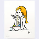 Cartoon illustration of a woman with long orange hair, eating noodles with chopsticks on a white background