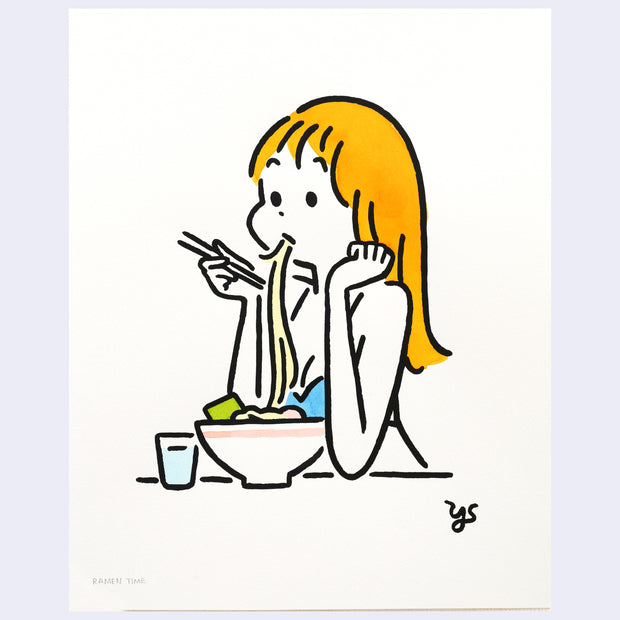 Cartoon illustration of a woman with long orange hair, eating noodles with chopsticks on a white background