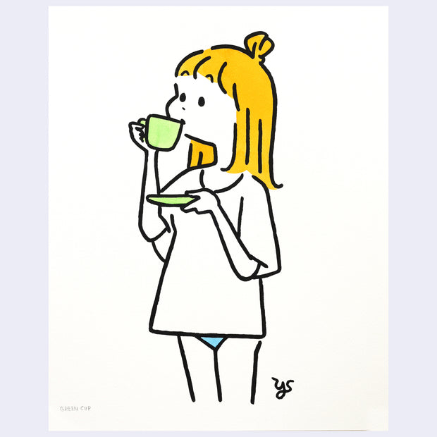 Line art illustration of a character with yellow hair drinking from a green cup and holding a matching green saucer.