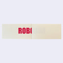 Open spread of a thin rectangular memo pad, with cream colored pages inside with the word "ROBO" slightly cut off the side of 1 page in red font.