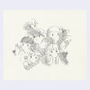 Pencil drawing of a group of kids, eating cookies and looking at something illuminating.