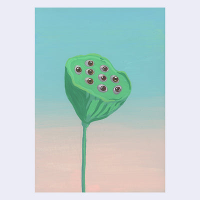 Painting of a green plant that resembles a seed pod, with many eyes popping out of what would normally be holes. Background is a soft blue to pink gradient.