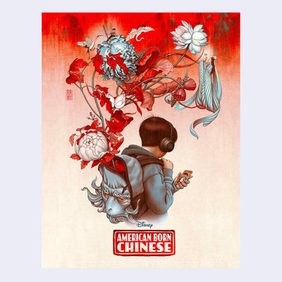 Illustrative movie poster for "American Born Chinese" featuring a little boy wearing headphones and looking at his phone, facing away from the viewer. He wears a backpack with a face of a spirit on it, with flowers growing out of the backpack.
