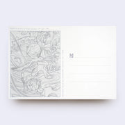 Backside of a white postcard divided into two sides, one with a sketch style illustration and the other side 4 lines to write a note on.