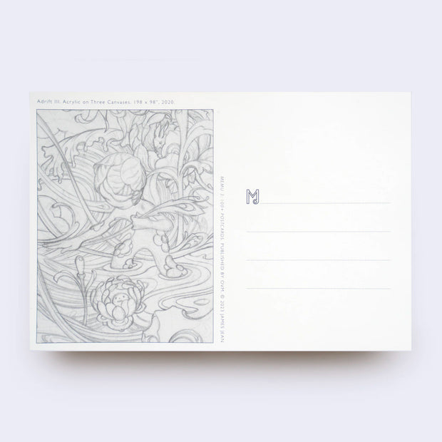 Backside of a white postcard divided into two sides, one with a sketch style illustration and the other side 4 lines to write a note on.