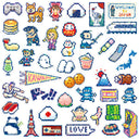 40 different 8bit style stickers depicting Japanese pop culture items such as food, anime characters, landmarks and various video game iconography.