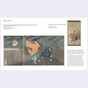 Page from a book featuring two woodblock print artworks with accompanying text