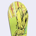 Skateboard deck with a graphic design featuring a rabbit skull as the head of a woman's topless body and text on a yellow background