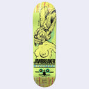 Skateboard deck with a graphic design featuring a rabbit skull as the head of a woman's topless body and text on a yellow background