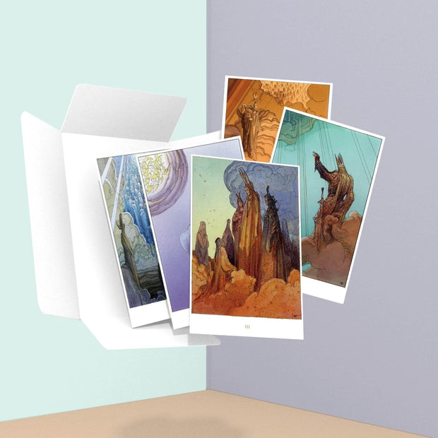 Examples of postcards featuring Moebius' Paradiso art.