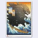 A Japanese-style art print featuring a giant dark gray monster rising from blue ocean waves, with small boats and figures in the foreground and birds against an orange sky. The print has a white border and is shown centered on a light gray background.