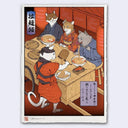 A Japanese-style illustrated art print featuring four anthropomorphic cats in traditional robes dining at a wooden table with bowls of ramen, shown against a light gray background.