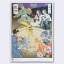 A Japanese-style art print or poster showing multiple illustrated characters in a dramatic scene, with a torn-paper border and Japanese text in the corners, photographed against a light gray background.