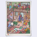 Illustration of a 2-story cafe interior, with many customers and a small girl working the bakery section. A variety of people and fantasy characters enjoy the setting and cafe drinks and food.