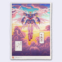 Ukiyo-e style illustration of a large mech, from Gundam, with many white wings. It floats over a sea of pink and purple clouds during a bright blue and yellow sunset. 
