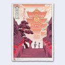 Illustration done in ukiyo-e style, of 2 characters at sunset, with most of the image purple or orange. They stand at the top of a set of stairs, with a large bathhouse looming in the background.