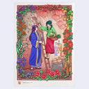 Illustration of two people in traditional Chinese attire standing in an apothecary shop with decorative elements on a white background
