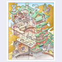 Illustration of the bath house from Spirited Away, seen from far away and at a cross section, with all of the rooms visible. Various bathing centric activities go on with the characters from the film.