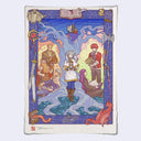 A fantasy art print featuring multiple illustrated characters in a whimsical scene, surrounded by decorative border elements including swords, an axe, a birdcage, a chest, and a small creature. The print has a torn paper edge and is photographed against a light gray background.