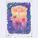 Art print featuring a whimsical fantasy illustration with a glowing sun-like figure, floating creatures, and a decorative border in shades of blue, purple, and pink on an off-white background.