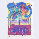 Art print in a ukiyo-e woodblock style featuring the characters from KPop Demon Hunters, 3 girls with ornate, traditional outfits, holding weapons with a large blue tiger spirit behind them. Below them are men dressed in matching outfits and many demons.