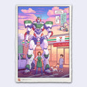 Woodcut style illustration of a large white, blue, red and green Gundam standing in front of a 7/11 at sunset, with an employee standing in front of it, in a power stance. A small boy walking a dog stands nearby.