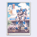 Woodcut style illustration of a large white, blue and red Gundam standing in front of a Lawson on a day with blue sky and white billowy clouds, with an employee standing in front of it, in a power stance. 