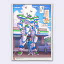 Woodcut style illustration of a large white, blue and green Gundam standing in front of a FamilyMart, with an employee standing in front of it, flexing. 