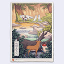 Illustration of a deer and a boy, hiding behind a fallen tree and peeking out onto a scene with three white foxes and a girl by a stream with trees and mountains in the background.