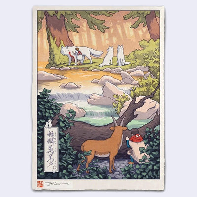 Illustration of a deer and a boy, hiding behind a fallen tree and peeking out onto a scene with three white foxes and a girl by a stream with trees and mountains in the background.
