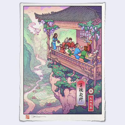Illustration of a tea house, which is positioned on the cliff edge of a mountain with a flowing stream and lush greenery as the backdrop. The characters from Avatar the Last Airbender sit and enjoy tea.