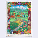 Colorful illustration of a farm scene with animals and nature elements, framed by vegetables and fruits.