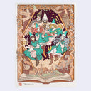An art print of an illustrated scene of four young witches in teal dresses flying, surrounded by whimsical fantasy elements including a owl-cat, unicorn, dragon, and an open book at the bottom. The print is shown against a light gray background.