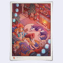 Illustration of two people laying on a couch and playing a video game on a handheld console, in a cozy room with a fireplace. A wolf sleeps on the carpet nearby.