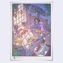 Illustration of a girl laying in bed in a purple bedroom with light streaming in through the windows. On her bed are lots of cute fantasy fox like creatures.