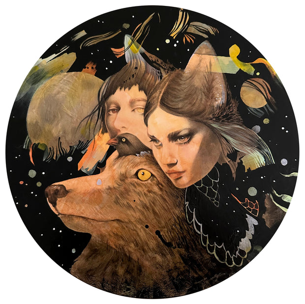 Illustration on black circle panel of 2 faces, 1 rendered and the other partially rendered. They make up the ears of a large wolf head, which has a bird coming out of its forehead. Background consists of more abstract shapes and designs.