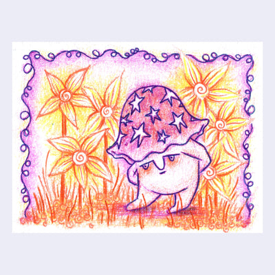 Colored pencil illustration of a cartoon mushroom standing in a field of flowers.