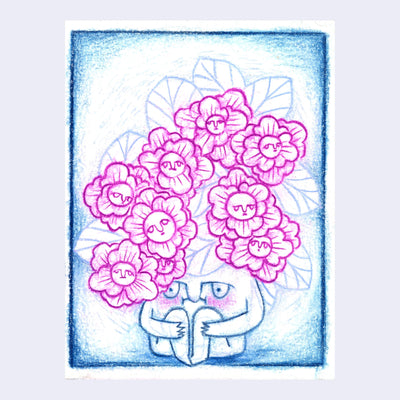 Colored pencil illustration of a sad character sitting with a bouquet of purple flowers coming out its head.
