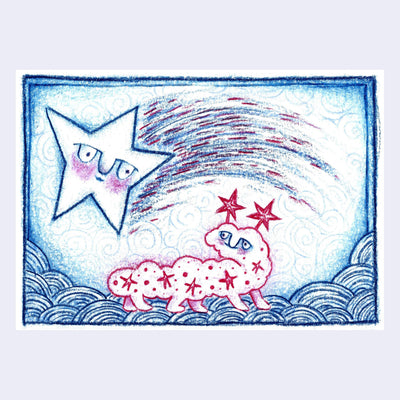Colored pencil illustration of cloud worm creature standing and looking at a giant shooting star with a face.