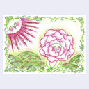 Colored pencil illustration of a peony like flower with a body, sitting in the grass with a large sun in the upper corner.