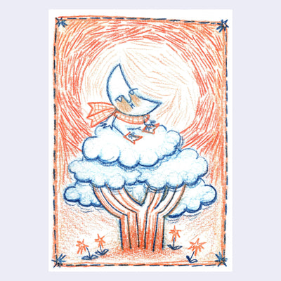 Colored pencil illustration of a crescent moon head character sitting in a tree.